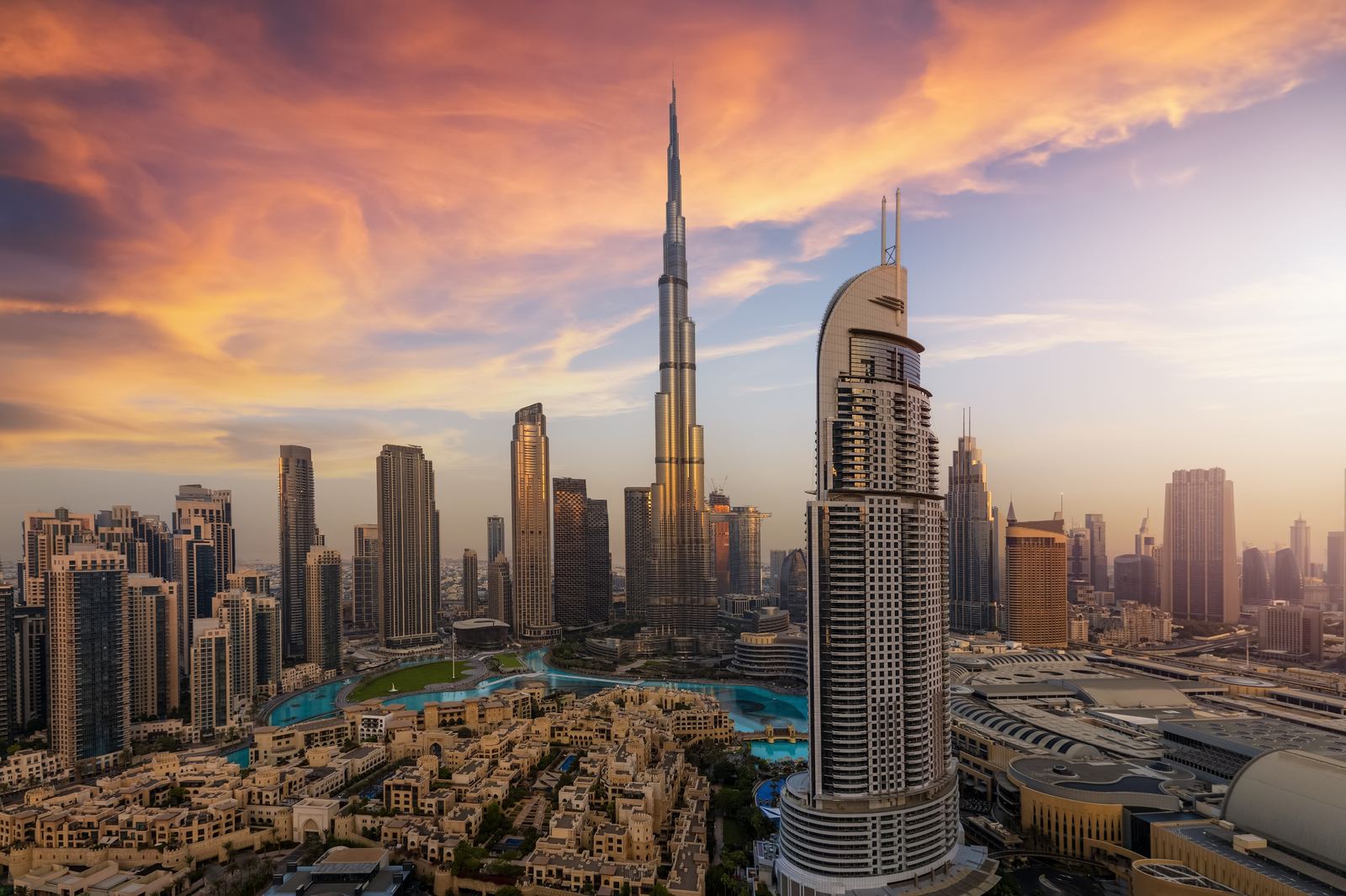 Dubai skyline at sunset with the Burj Khalifa